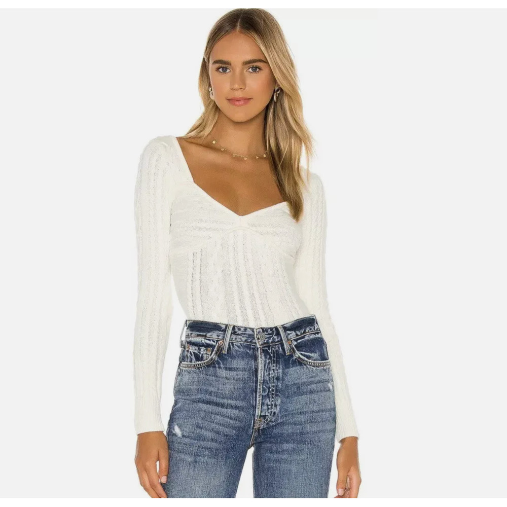 Revolve Majorelle Fallone Cream Cable Knit Sweetheart Neck Sweater $118 Small